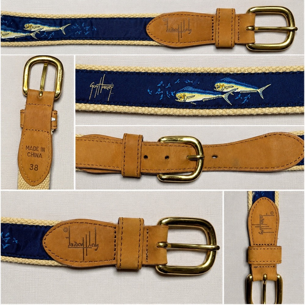 Guy Harvey Belt Size 38 Tan Blue Canvas Leather Mahi Mahi Fishing Brass Buckle